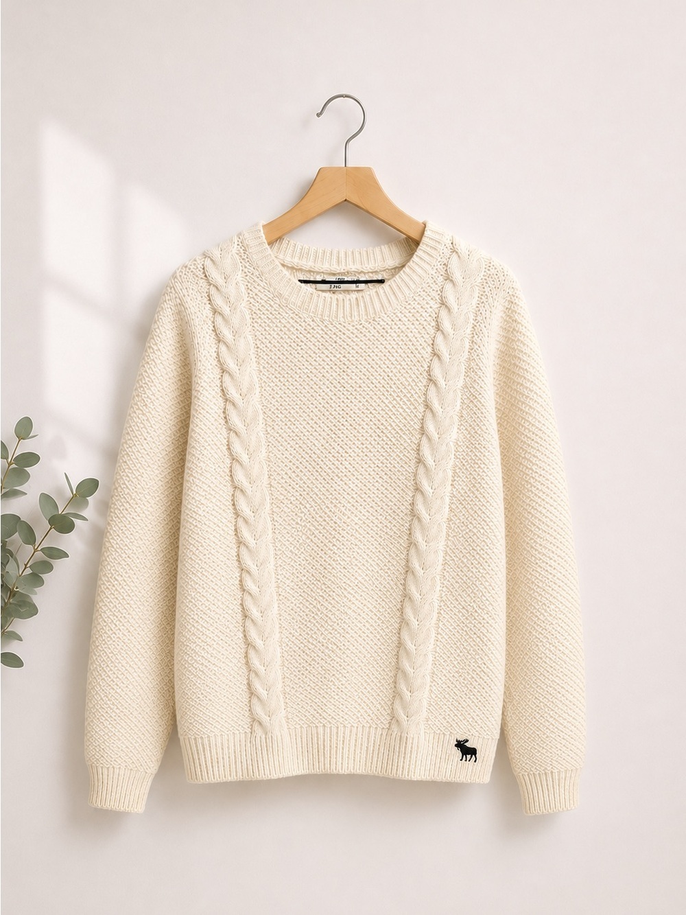 abercrombie kids Cream Cable-Panel Crewneck Sweater (332)